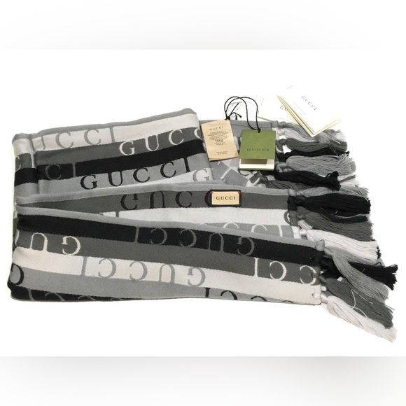 AUTHENTIC GUCCI WOOL STRIPED LONG SCARF -GREY / BLACK -NWT - Picture 2 of 8